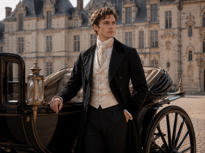 Historical chateau portrait beside a carriage