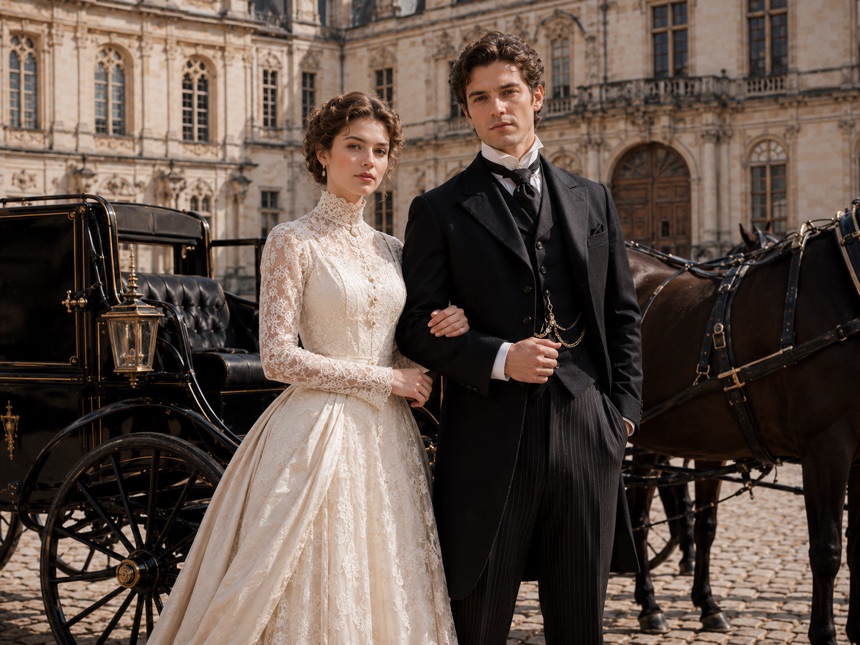 Chateau couple portrait with carriage