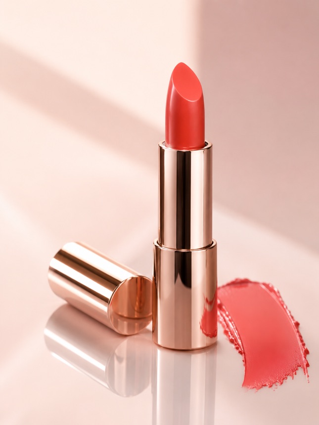 Coral lipstick product photo with color swatch