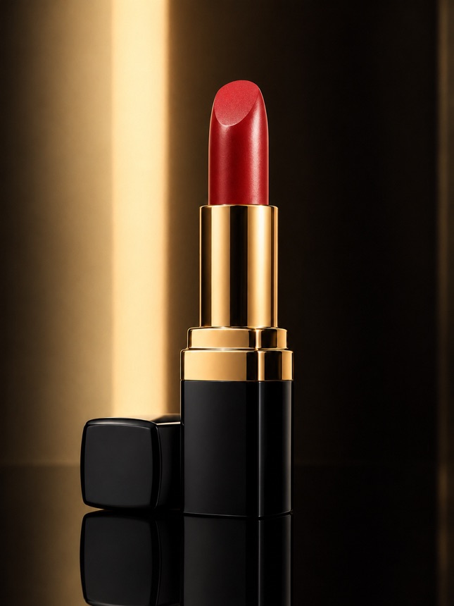 Red lipstick product photo on dark background