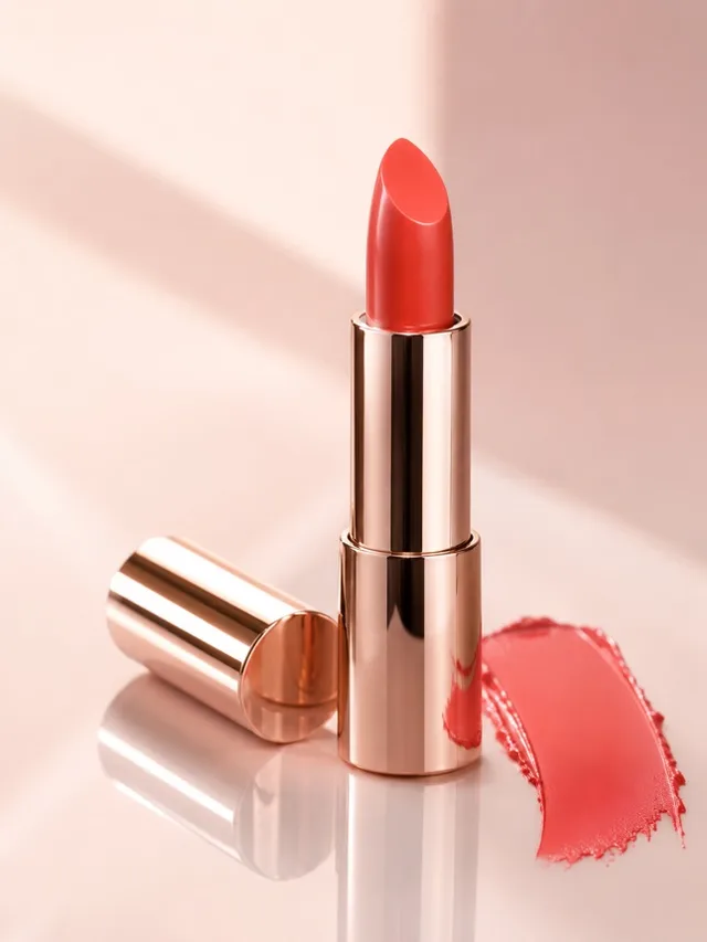 Coral lipstick product photo with color swatch