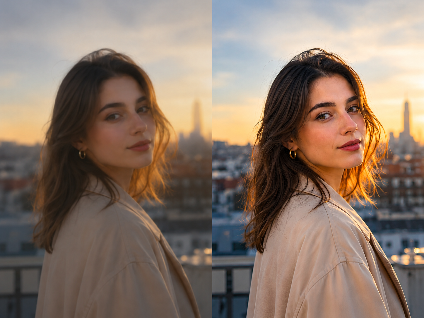 Photo Enhancer Free before and after example improving a blurry portrait